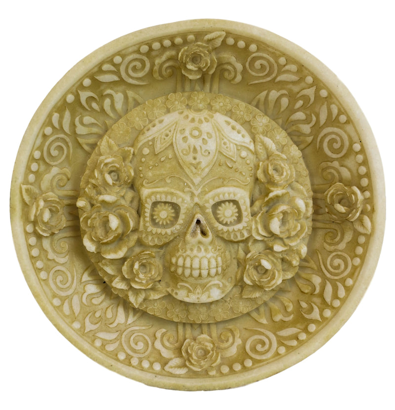 Day of The Dead Floral Sugar Skull Incense Burner Holder Medallion Dish Statue