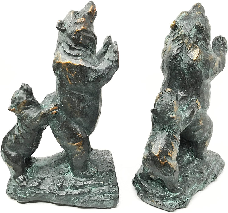 Family Grizzly Momma Bear and Cub Pushing Weight Bookends Pair Resin Figurine
