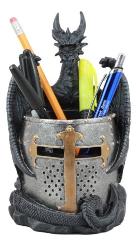 Medieval Saint George Dragon Guarding Medieval Knight Helmet Pen Holder Statue