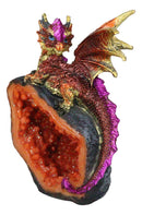 Metallic Red Iridescent Wyrmling Dragon On Faux Geode Crystal Rock Figurine 4"H