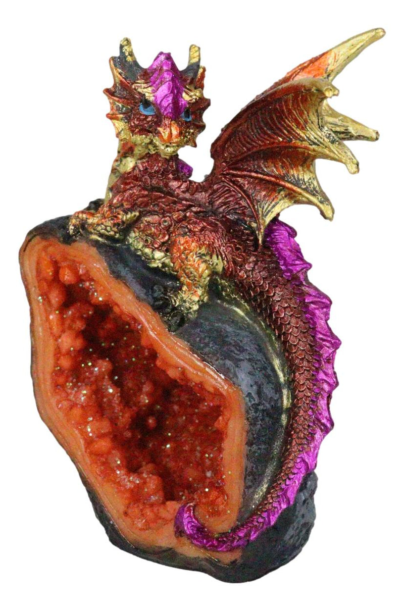 Metallic Red Iridescent Wyrmling Dragon On Faux Geode Crystal Rock Figurine 4"H
