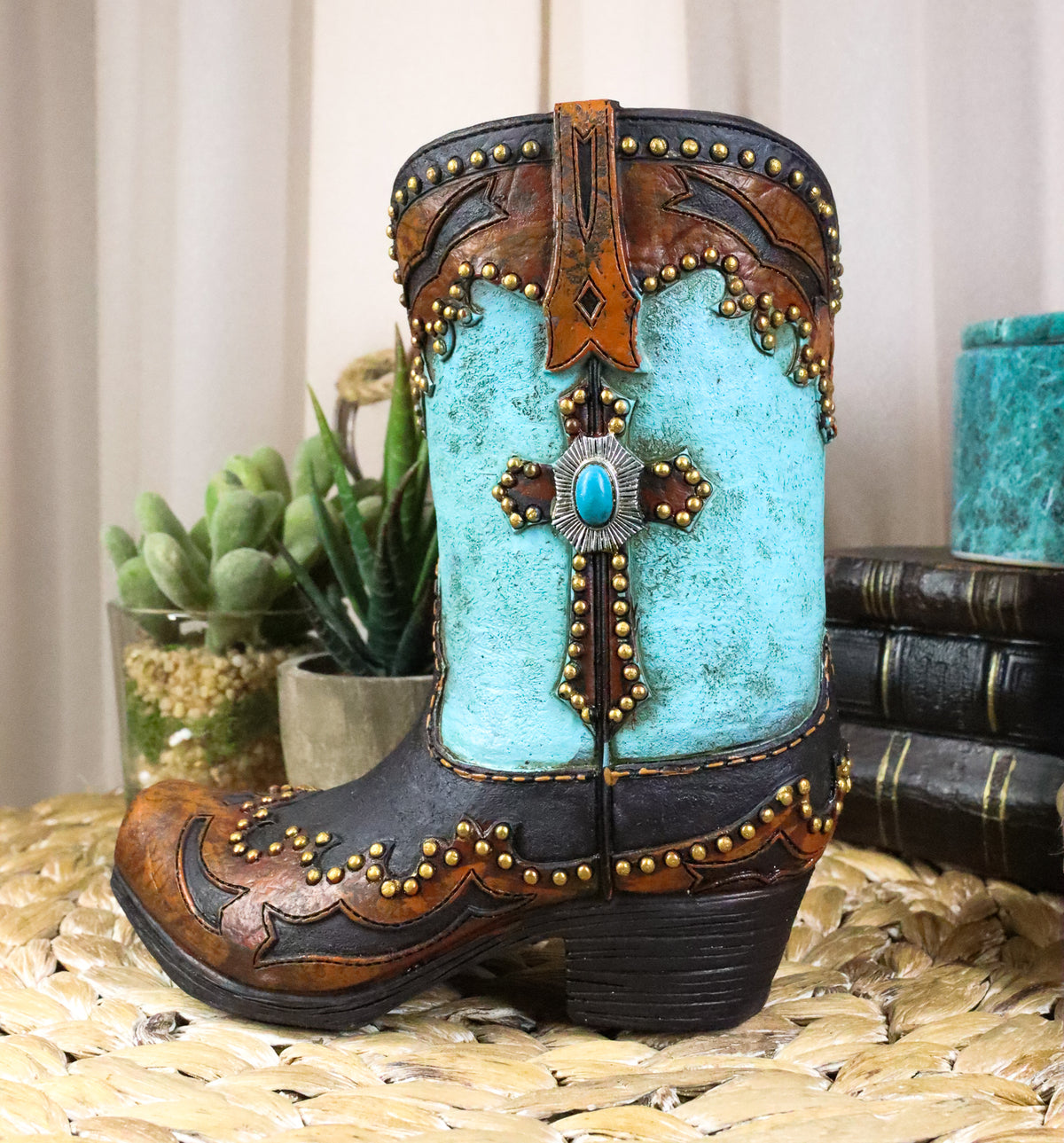 7"H Rustic Western Cowboy Turquoise Boot Figurine Stationery Holder Flower Vase