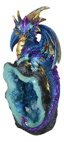 Metallic Blue Iridescent Dragon On Faux Geode Rock Quartz Crystal Cove Figurine