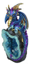 Metallic Blue Iridescent Dragon On Faux Geode Rock Quartz Crystal Cove Figurine