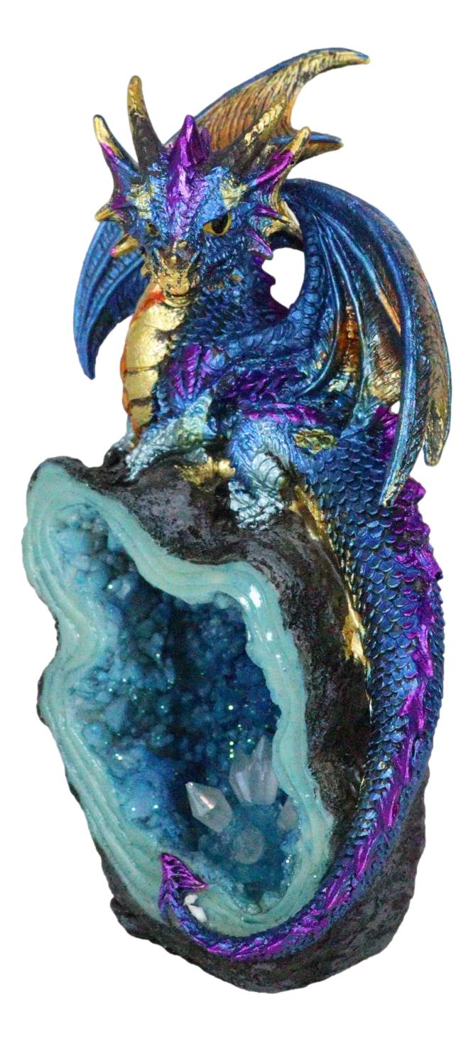 Metallic Blue Iridescent Dragon On Faux Geode Rock Quartz Crystal Cove Figurine