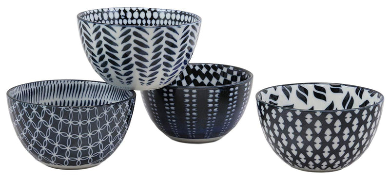 Ebros Gift Made In Japan Stylish Symmetry Contemporary Design 5"Diameter 16oz Porcelain Bowls Set Of 4 For Salad Ramen Pho Soup Cereal Home And Kitchen Decorative Bowl Gift Set (Blue Patterns)