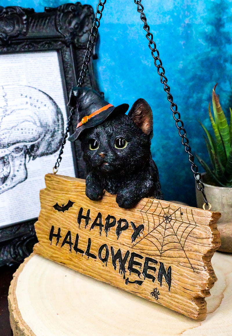 Black Cat With Witch Hat And Happy Halloween Sign Wall Ceiling Hanger Figurine