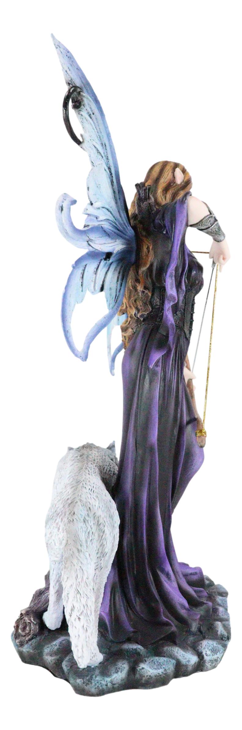 Moon Goddess Artemis Fairy with White Snow Wolf Drawing Bow and Arrow Statue