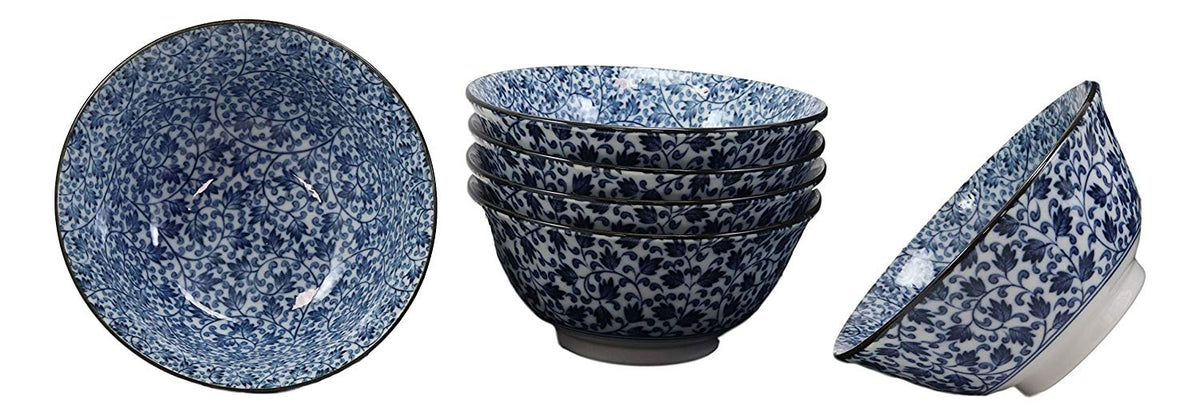 Ebros Gift Made In Japan 6"Diameter 16oz Ramen Soup Rice Pasta Salad Cereal Appetizer Bowls Set of 6 Kitchen Dining Japanese Restaurant Supply Decorative Bowl Designs (Botanic Floral Vines)