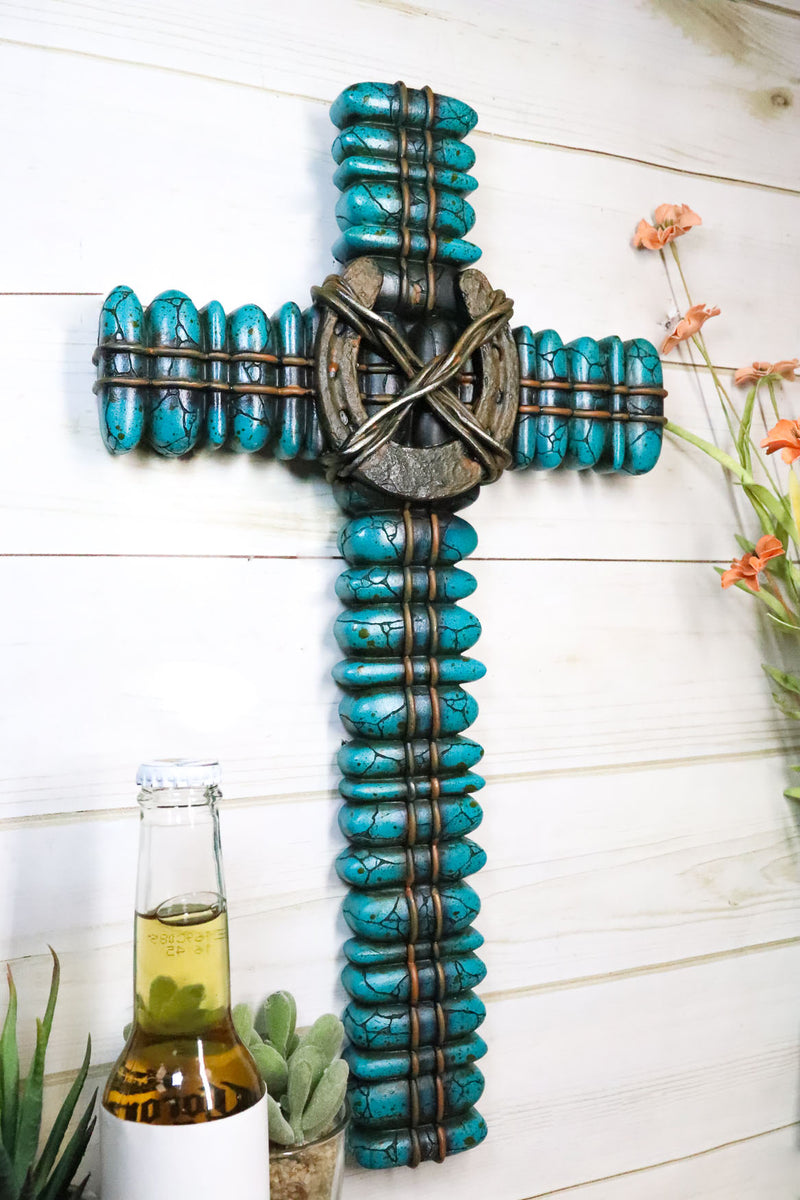 18"H Rustic Western Turquoise Pebbles Horseshoe Barbed Wires Wall Cross Plaque