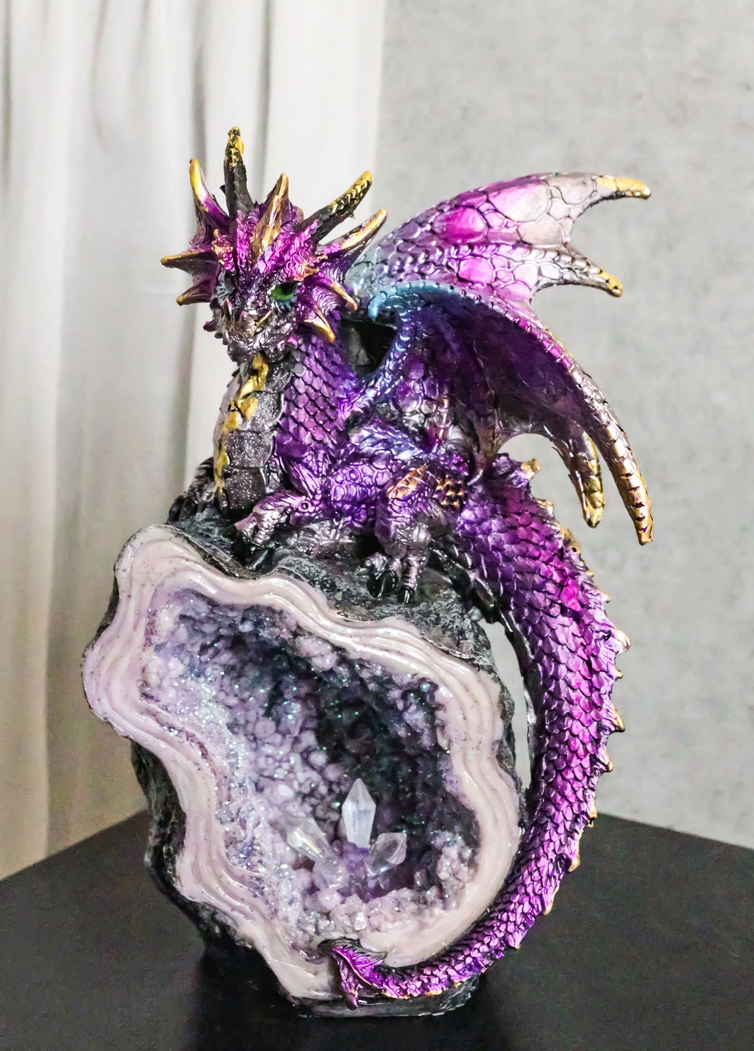 Space Purple Iridescent Dragon On Faux Geode Rock Quartz Crystal