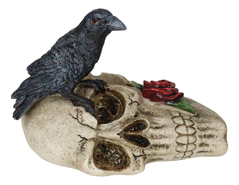 Gothic Raven Crow Perching On Rose Skull Cigarette Ashtray Jewelry Dish Figurine