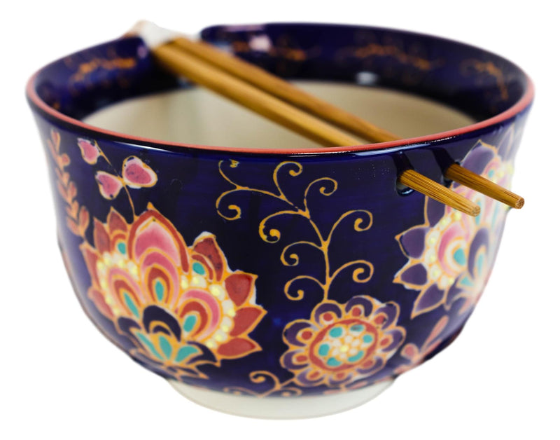 Mandala Floral Blossoms Purple Ramen Noodles Soup Large 6"D Bowl W/ Chopsticks