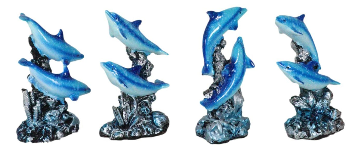 Pack Of 4 Marine Sea Blue Dolphins Swimming By Waves And Coral Reef Figurines - Ebros Gift