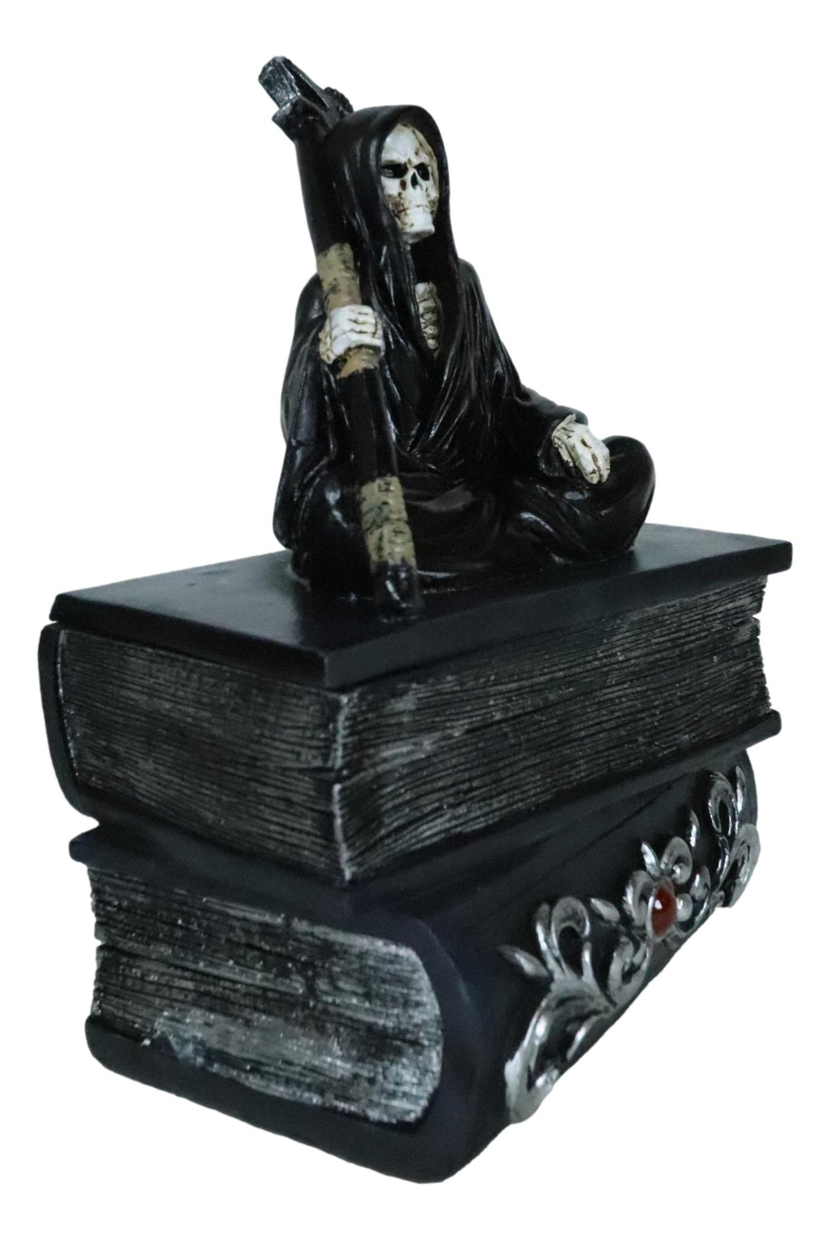 Ebros Macabre Grim Reaper With Scythe Sitting On Books Of Life Jewelry Box