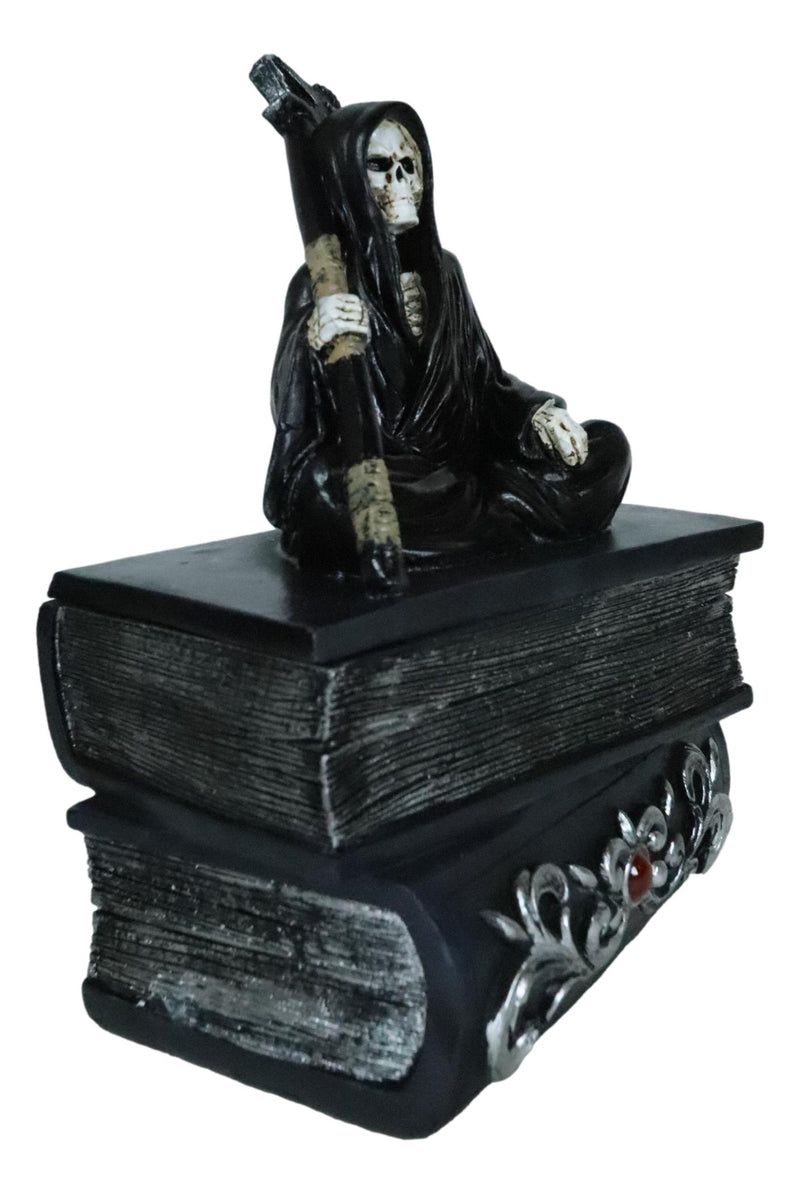Ebros Macabre Grim Reaper With Scythe Sitting On Books Of Life Jewelry Box