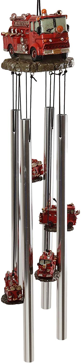 Ebros Gift Decorative Red Fire Engine Truck Model Resonant Relaxing Wind Chime Patio Garden Accent of Fire Fighters Hydrants 911 Emergency Civil Service