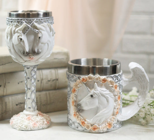 Ebros Unicorn Bridal Wine Goblet Chalice And Beer Coffee Tankard Mug Cup Set - Ebros Gift