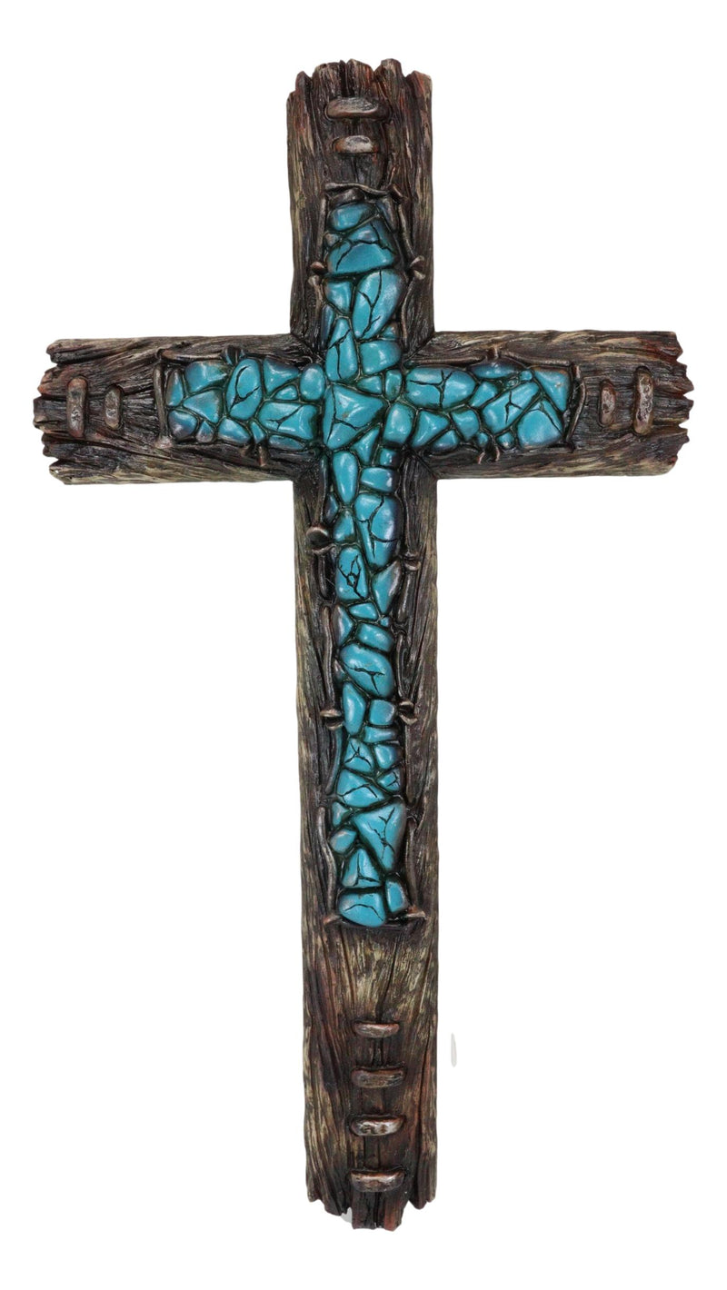 Rustic Western Turquoise Rocks Layered On Faux Driftwood Wall Cross Decor