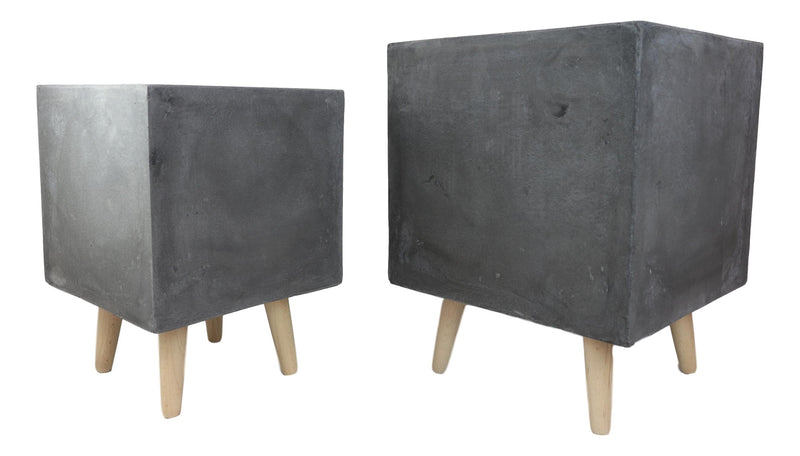 Set of 2 Contemporary Gray Fiber Clay Square Cube Planters Pots With Wooden Feet