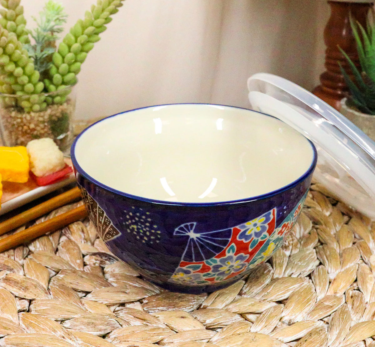 Ebros Pack of 2 Ceramic Blue Oriental Fans Portion Meal Bowls 2 Cups W/ Airtight Lid
