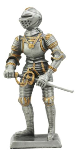 Ebros Medieval Pewter English Knight Drawing Sword Statue 4"H Medieval Suit Of Armor