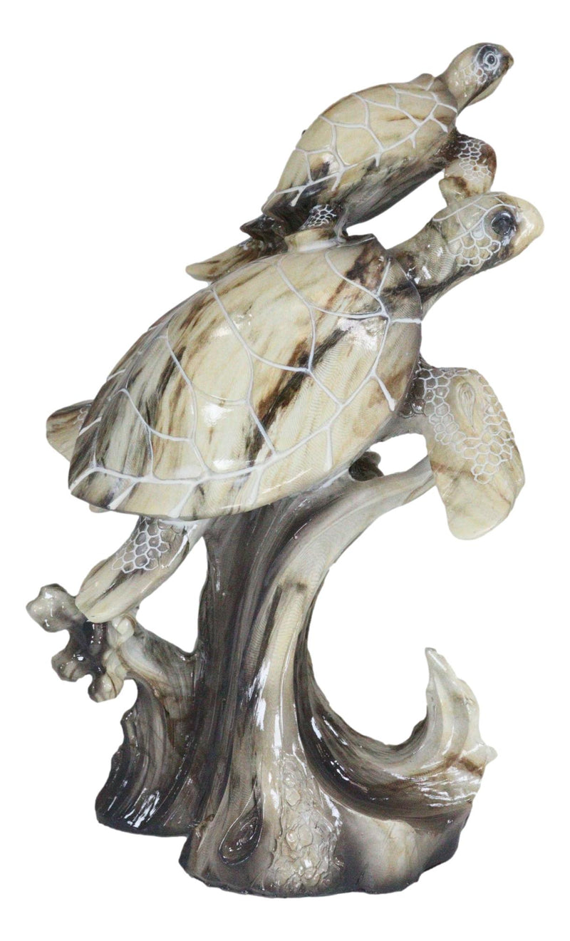 Marine Giant Sea Turtle With Hatchling Baby Riding Current Faux Marble Figurine