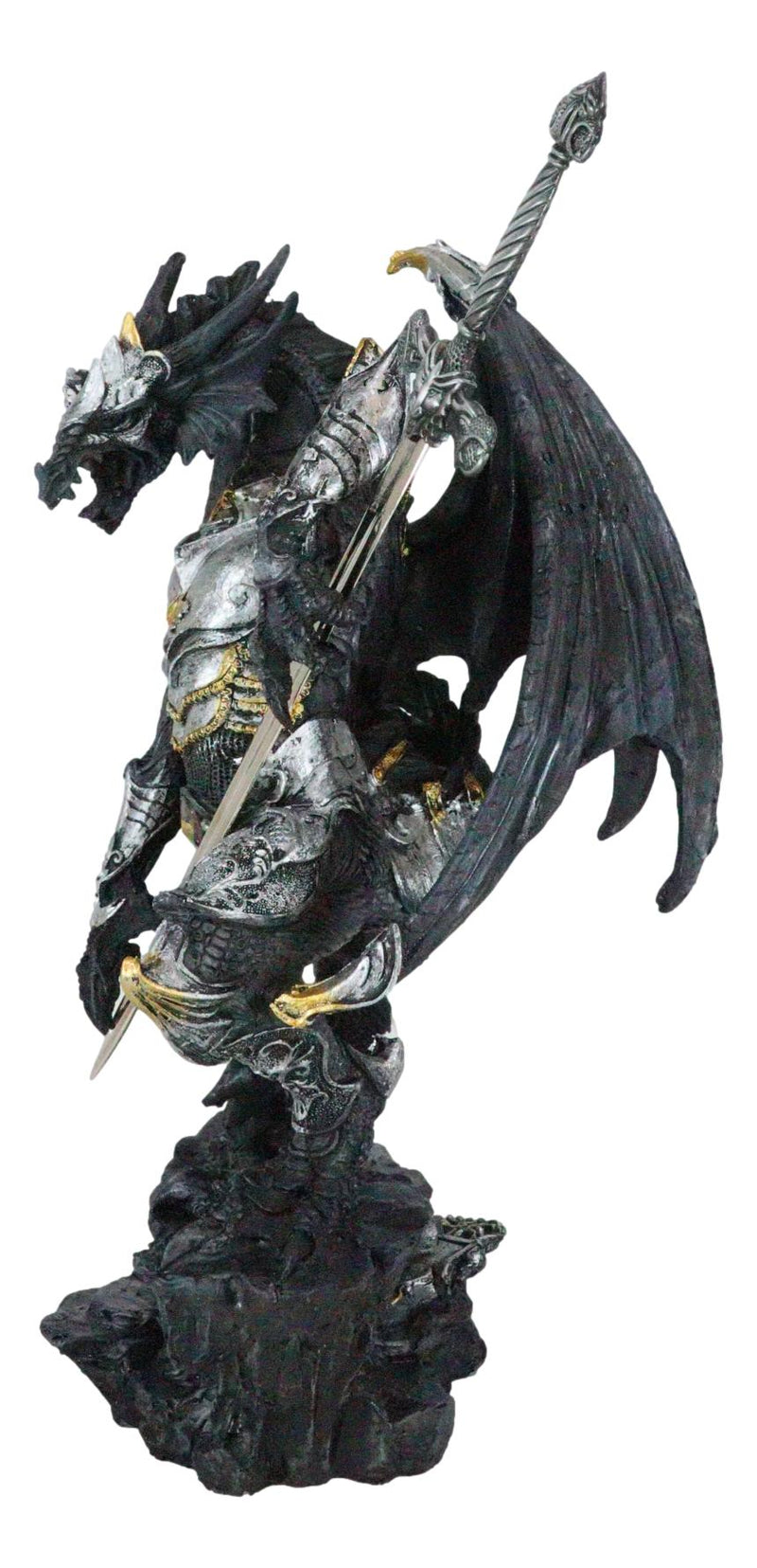 Faux Stone Silver Armored Dragon Holding Excalibur Dagger Blade Sword Statue