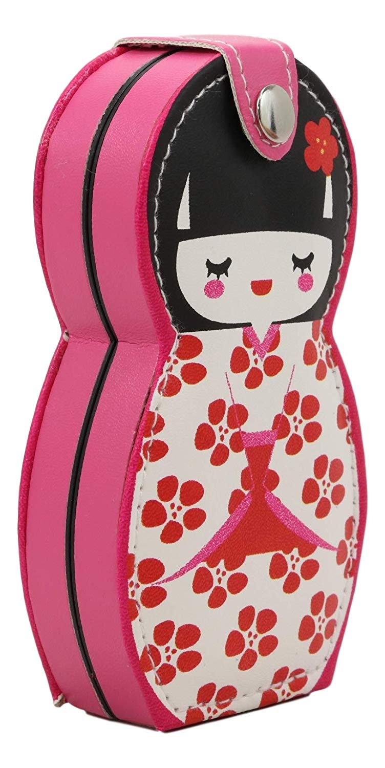 Ebros Gift Traditional Japanese Kokeshi Girl Doll Travel Portable Case Manicure Pedicure Set 6 Piece Stainless Steel Grooming Tools Nail Clippers Scissors Filers Ear Pick Tweezer (White Kimono)