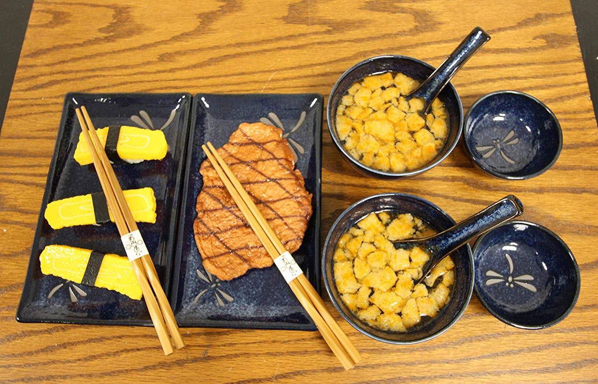 Japanese Pair Of Dragonfly Blue Motif Ceramic Sushi Dinnerware 10pc Set For Two - Ebros Gift