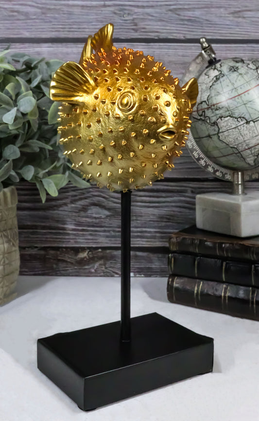 Nautical Marine Faux Taxidermy Golden Pufferfish Fish Sculpture On Pole Mount - Ebros Gift