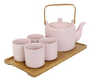 Matte Pink Modern Ceramic 28oz Tea Pot With 4 Cups And Bamboo Serving Tray Set