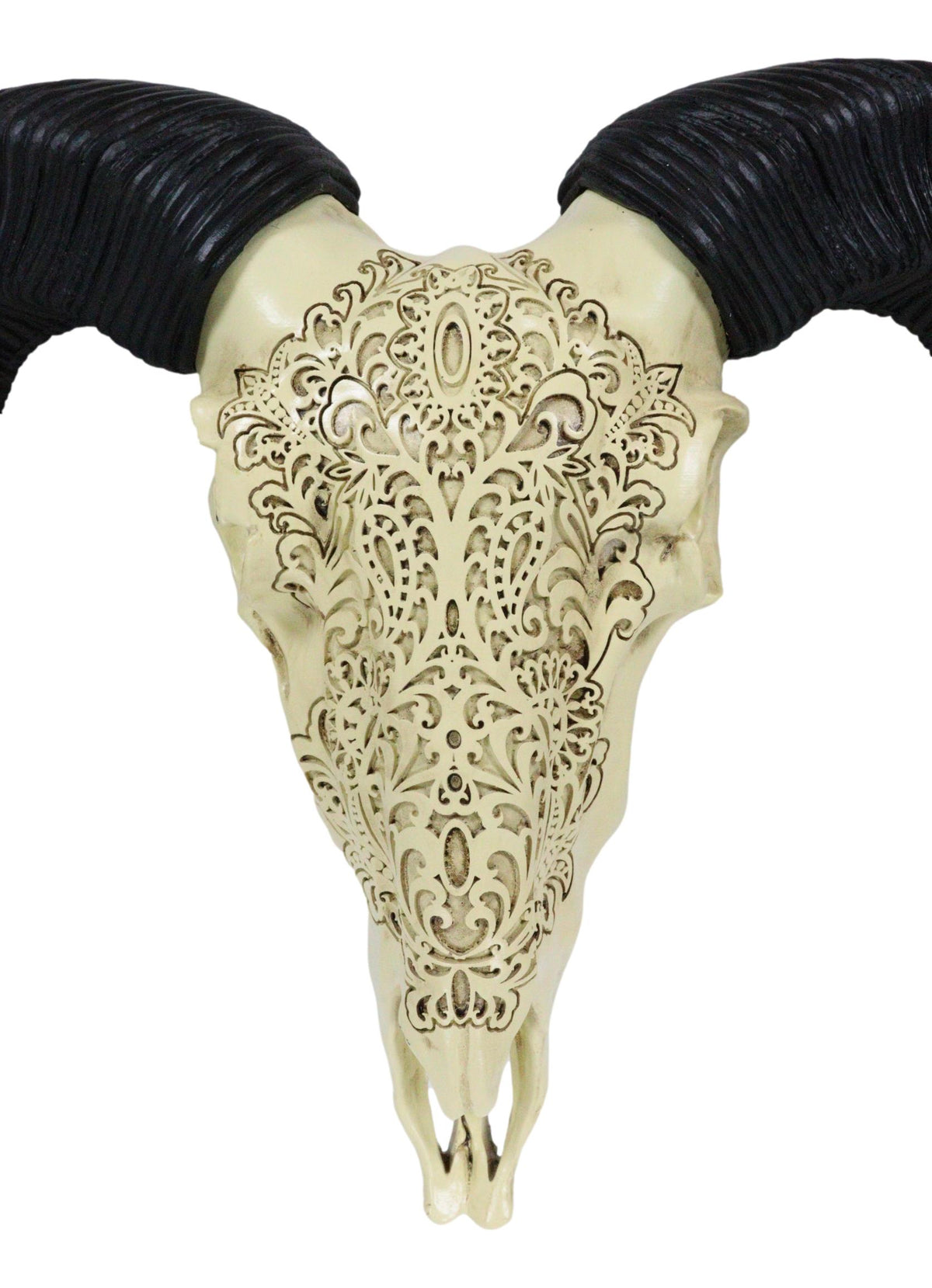 Tribal Floral Vines Tooled Filigree Corsican Ram Cow Skull Wall Decor Plaque