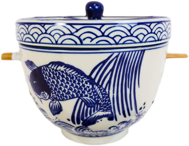 Blue White Koi Fish Ramen Bowl With Tempura Divider Condiment Lid Chopsticks Set