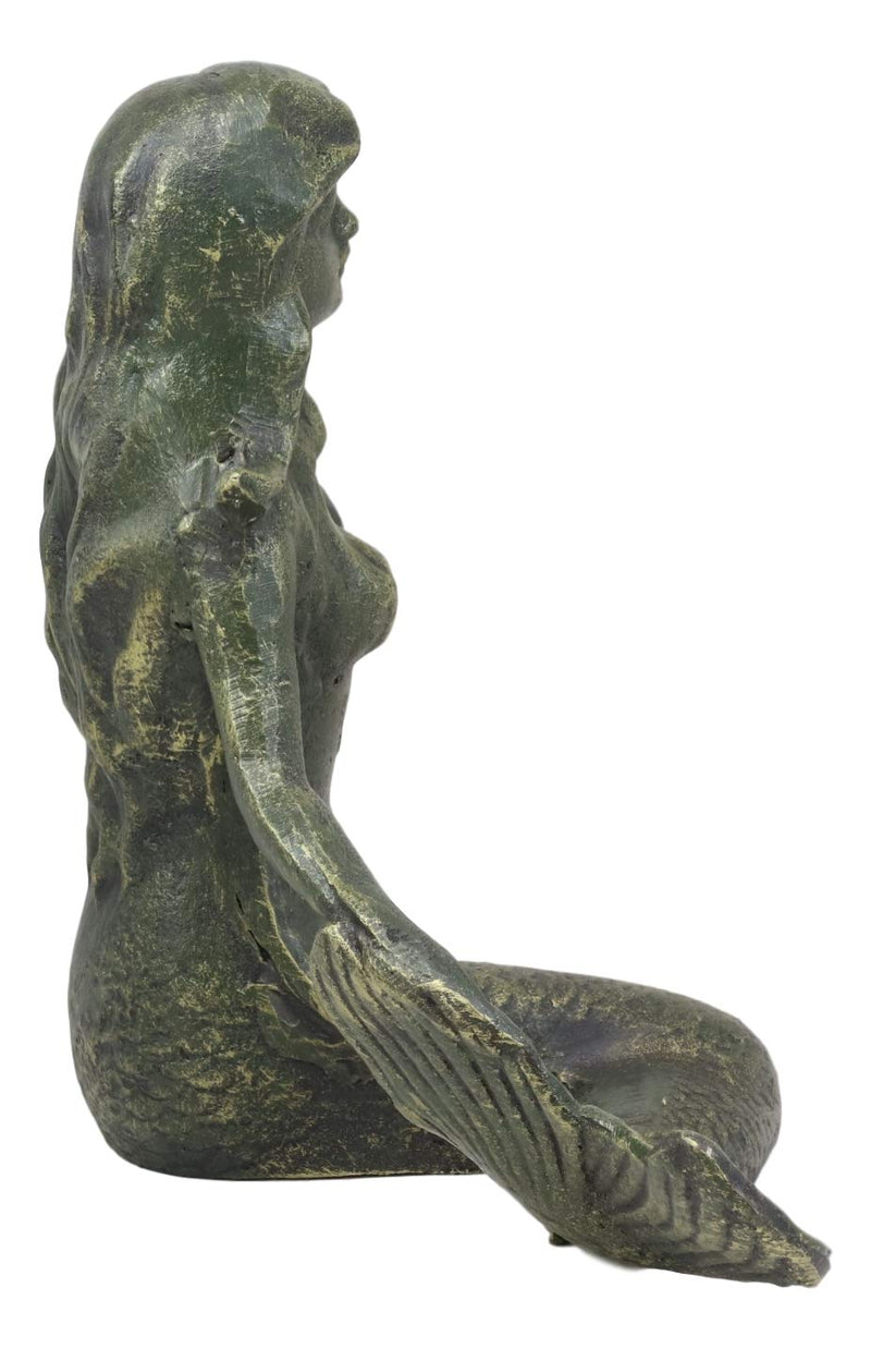 13"L Cast Iron Large Nautical Siren Mermaid Holding Starfish Verdi Green Statue