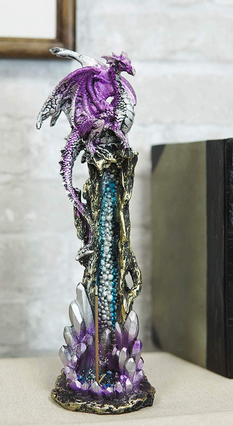 Ebros Purple Dragon On Crystal Rock Quarry Incense Burner Tower Figurine 10.5" H