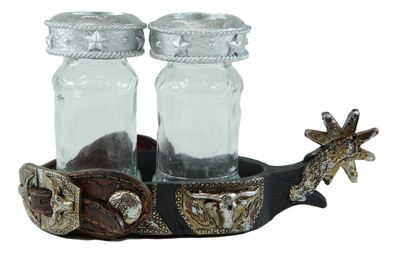 Western Cowboy Boot Spur Longhorn Concho Faux Leather Salt Pepper Shakers Set