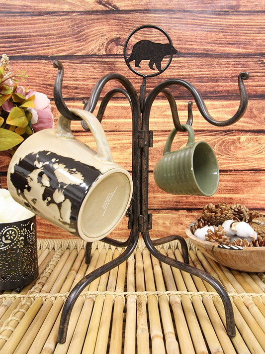 Ebros Metal Rustic Forest Black Bear Mug Tree Holder Organizer Rack Stand With 4 Hooks - Ebros Gift
