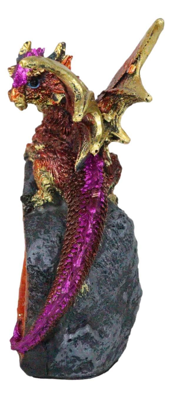 Metallic Red Iridescent Wyrmling Dragon On Faux Geode Crystal Rock Figurine 4"H