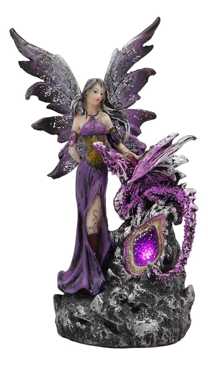 Purple Fairy With Dragon Sitting On LED Crystal Geode Night Light Statue Decor - Ebros Gift