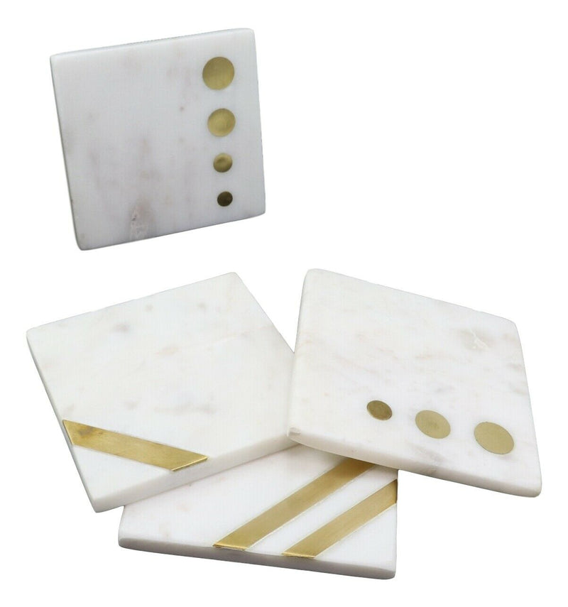 Ebros Gift White Banswara Marble with Gold Metal Accents 4 Piece Coaster Set Drink Coasters 4" Wide Furniture Protector Decorative Home Accent