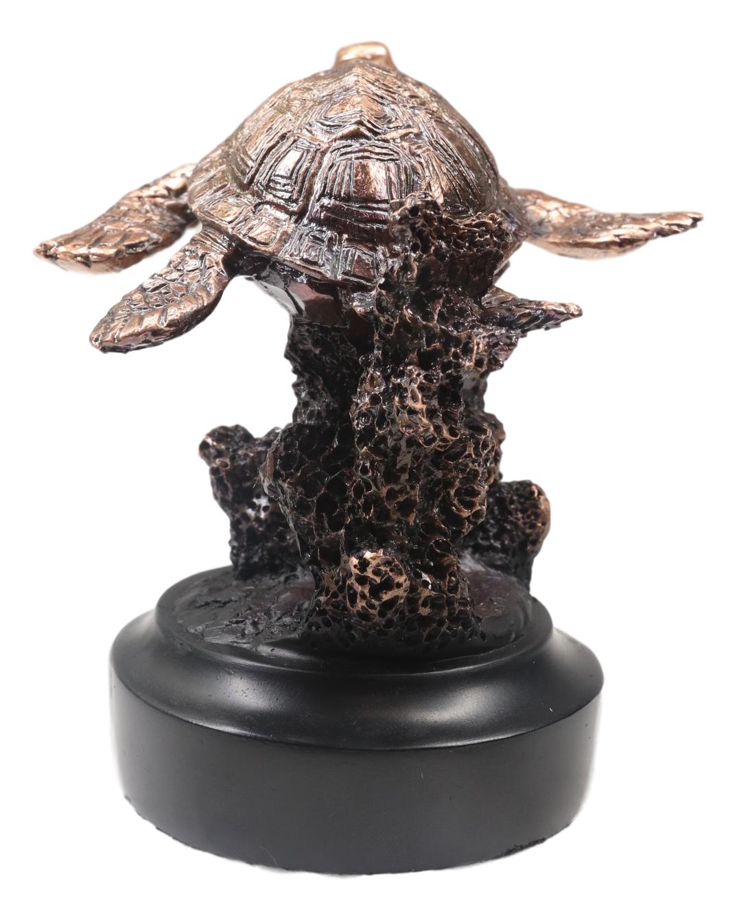 Marine Sea Turtle Swimming By Coral Reef Electroplated Bronze Resin Figurine - Ebros Gift