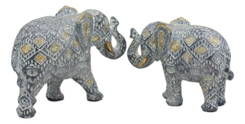 Ebros Silver and Gold Patterned Elephant Statue 5.25" Long Feng Shui Elephant Figurine Symbol of Wisdom Fortune and Protection (Mother and Calf Elephants Set)