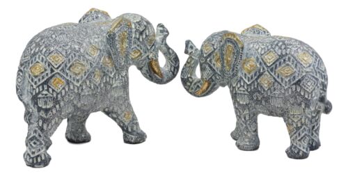 Ebros Silver and Gold Patterned Elephant Statue 5.25" Long Feng Shui Elephant Figurine Symbol of Wisdom Fortune and Protection (Mother and Calf Elephants Set)