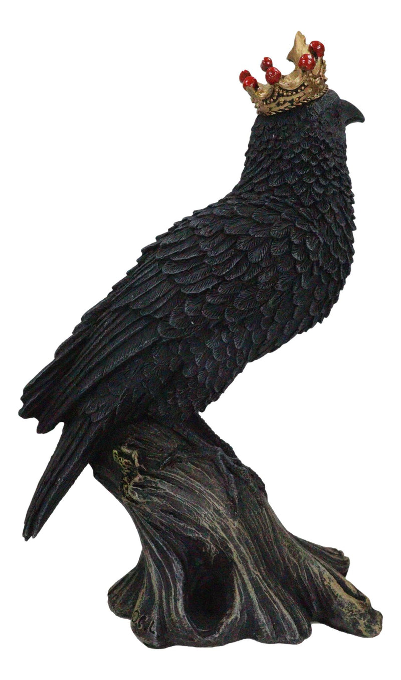 Macabre Gothic Royal Crowned Raven King Perching On Tree Stump Figurine 6.5"H