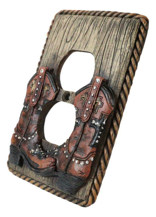 Set of 2 Western Cowboy Boots Faux Wood Wall Double Receptacle Outlet Plates