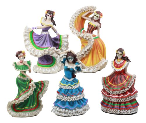 Set of 5 Day Of The Dead Orange Gown Sugar Skull Dancer Statue Vivas Calacas
