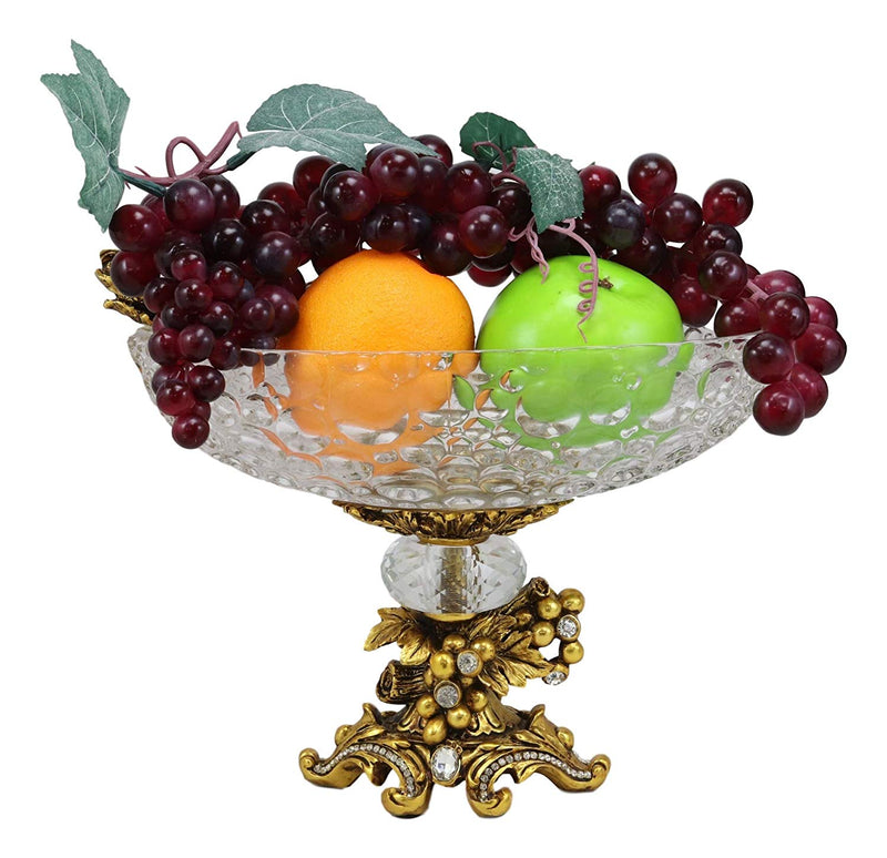 Ebros Gift Vintage Antique Baroque Design Oval Bowl Acrylic Glass Dish 11" Wide Dessert Fruits Footed Platter Stand with Electroplated Gold Vineyard Base Sculpture and Austrian Crystals Centerpiece