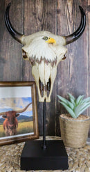 Western Rustic Bull Cow Steer Skull With Bald Eagle Sculpture On Pole Display