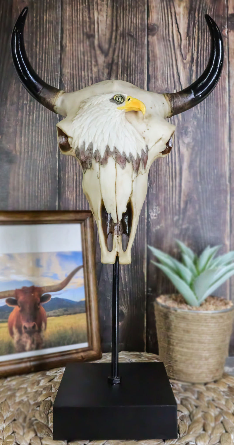 Western Rustic Bull Cow Steer Skull With Bald Eagle Sculpture On Pole Display